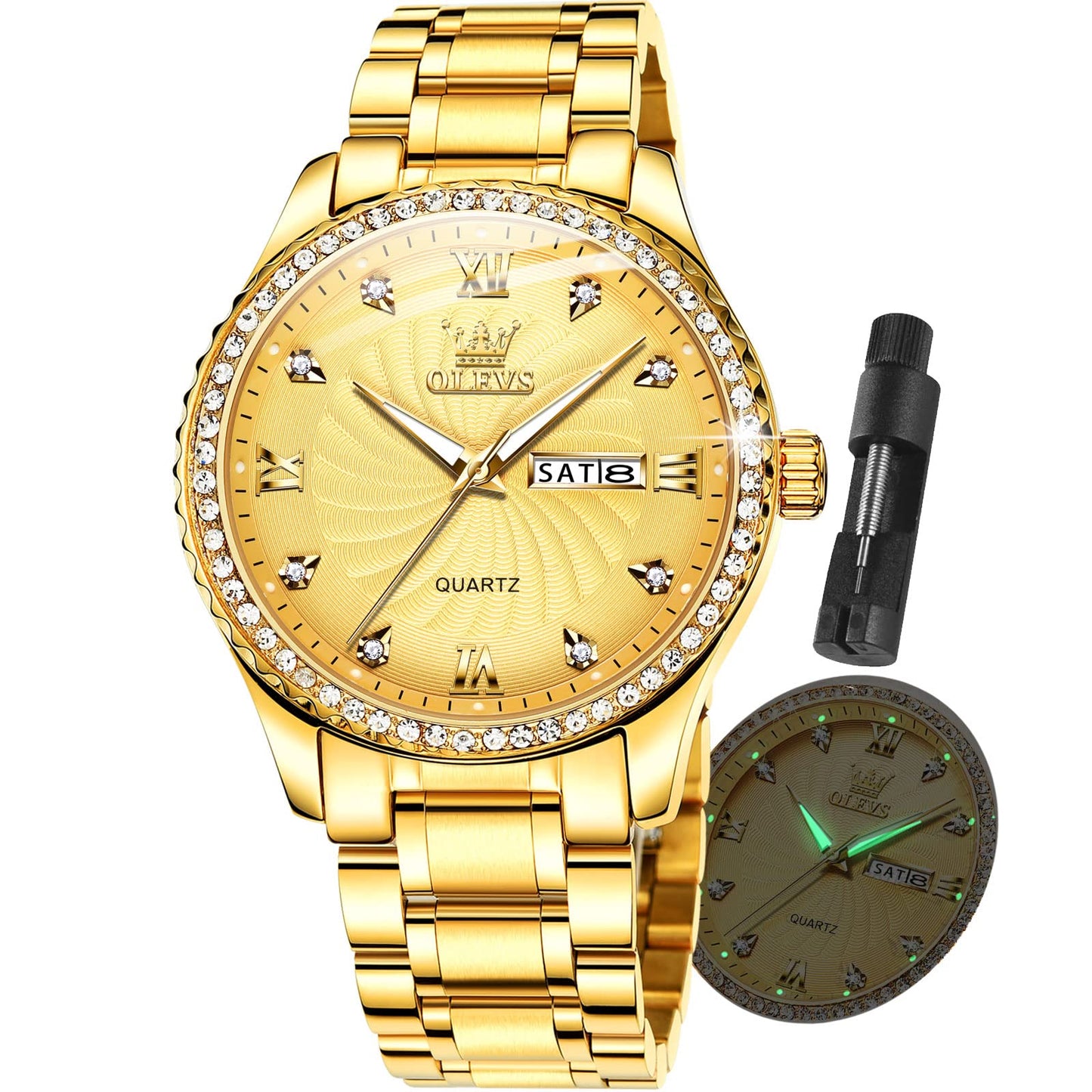 OLEVS Gold Mens Watch with Day Date Luxury Stainless Steel Men Watches Big Face Watches for Men Diamond Waterproof Dress Quartz Analog Round Men's Wrist Watches Gifts for Him Reloj De Hombre Luminous