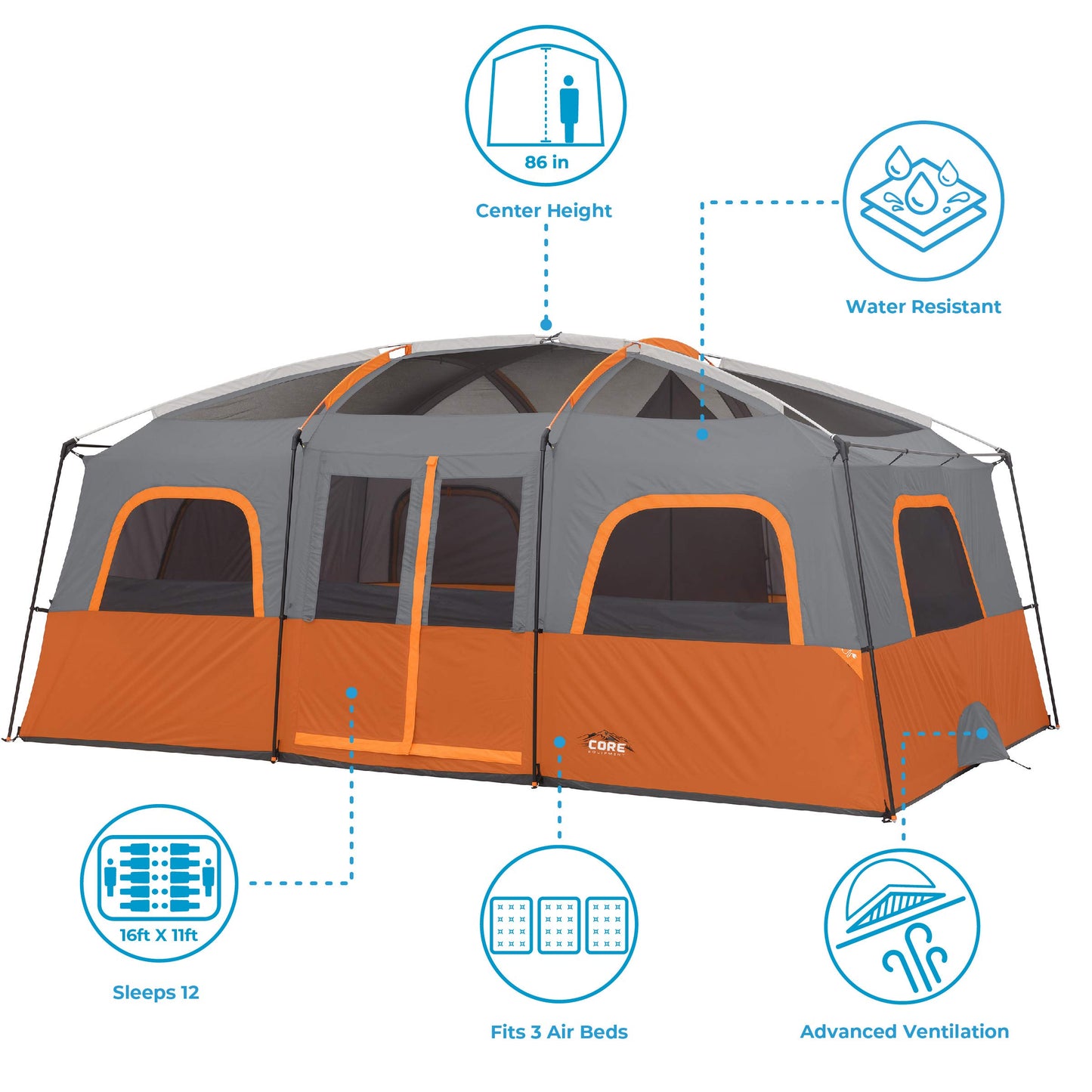 CORE 12 Person Tent | Large Multi Room Camping Tent for Outdoor Family Camping | Portable Cabin Stand Up Tent with Storage Pockets for Camping Accessories, 16ft x 11ft