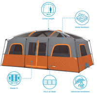 CORE 12 Person Tent | Large Multi Room Camping Tent for Outdoor Family Camping | Portable Cabin Stand Up Tent with Storage Pockets for Camping Accessories, 16ft x 11ft