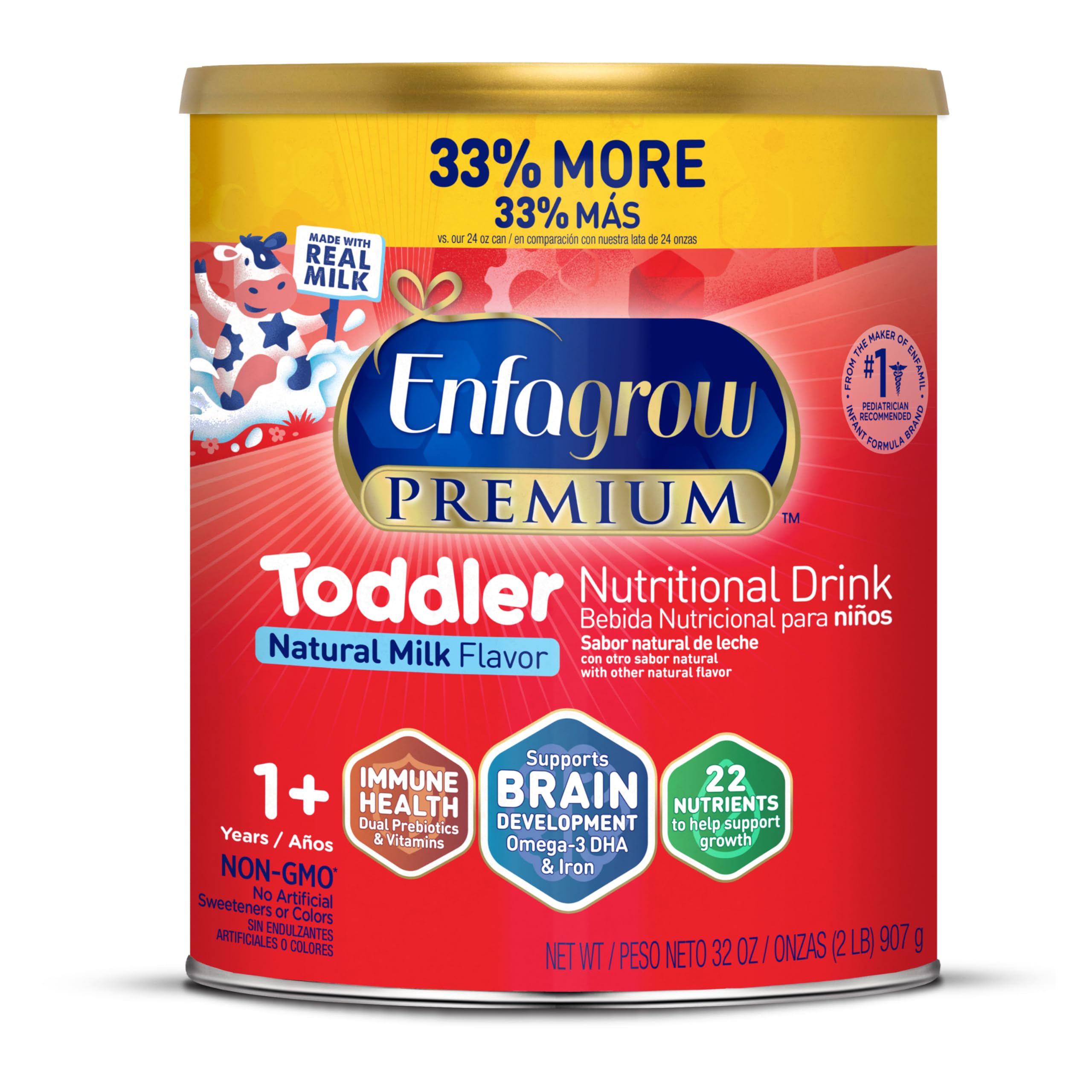 Enfagrow PREMIUM Toddler Nutritional Drink, Natural Milk Flavor, Omega-3 DHA for Brain Support, Prebiotics & Vitamins for Immune Health, Non-GMO, Powder Can, 32 Oz