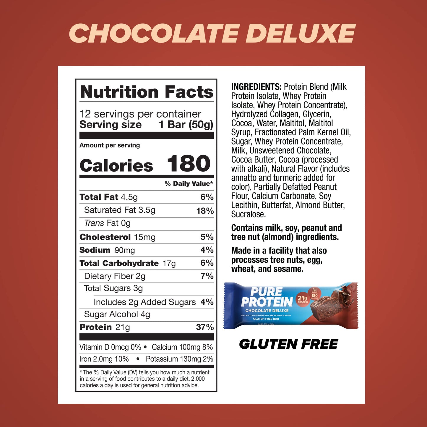 Pure Protein Bars, High Protein, Nutritious Snacks to Support Energy, Low Sugar, Gluten Free, Chocolate Deluxe, 1.76 oz., 12 Count(Pack of 1) (Packaging may vary)