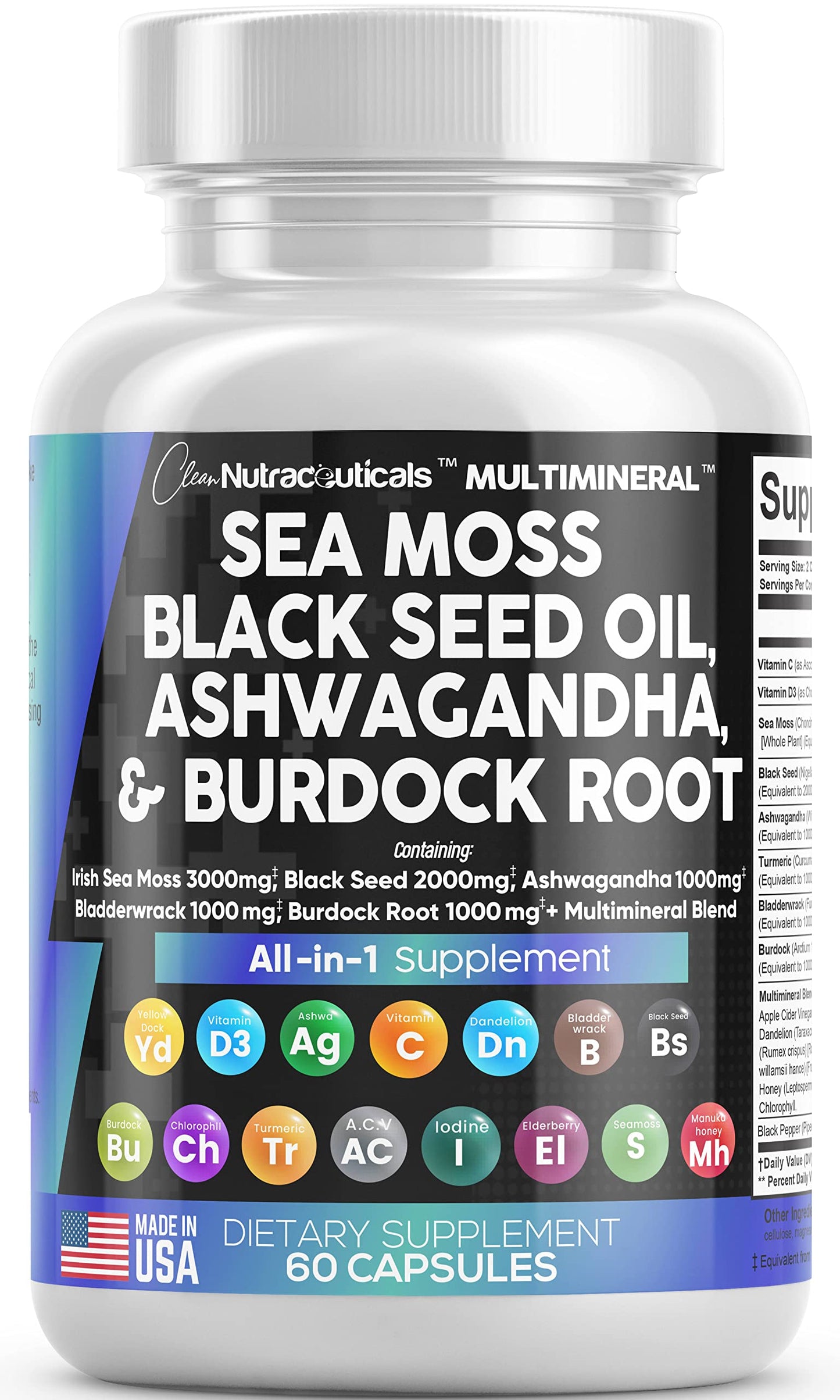 Clean Nutra Sea Moss, Black Seed Oil, Ashwagandha & Burdock Root