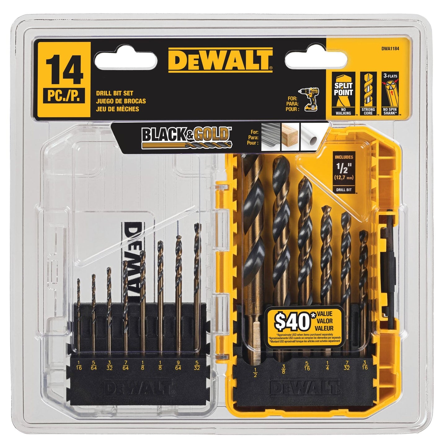 DEWALT Drill Bit Set, 14-Piece, 135 Degree Split Point, For Plastic, Wood and Metal (DWA1184)