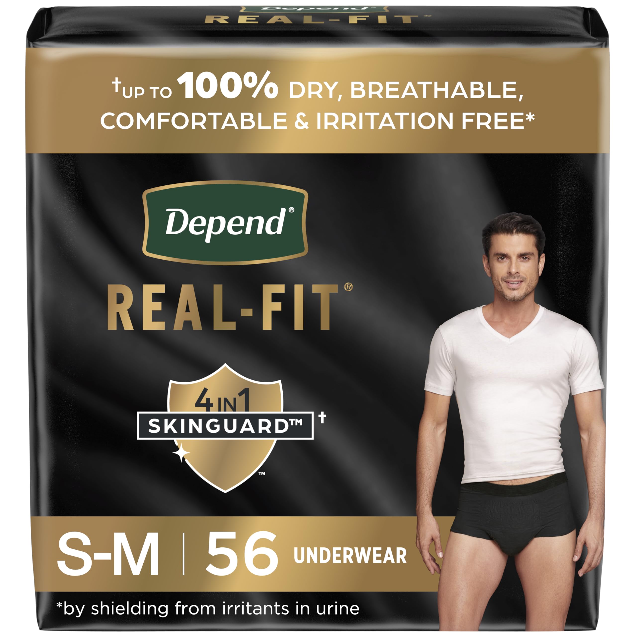 Depend Real Fit Incontinence Underwear for Men, Disposable, Maximum Absorbency, Small/Medium, Black, 56 Count, Packaging May Vary