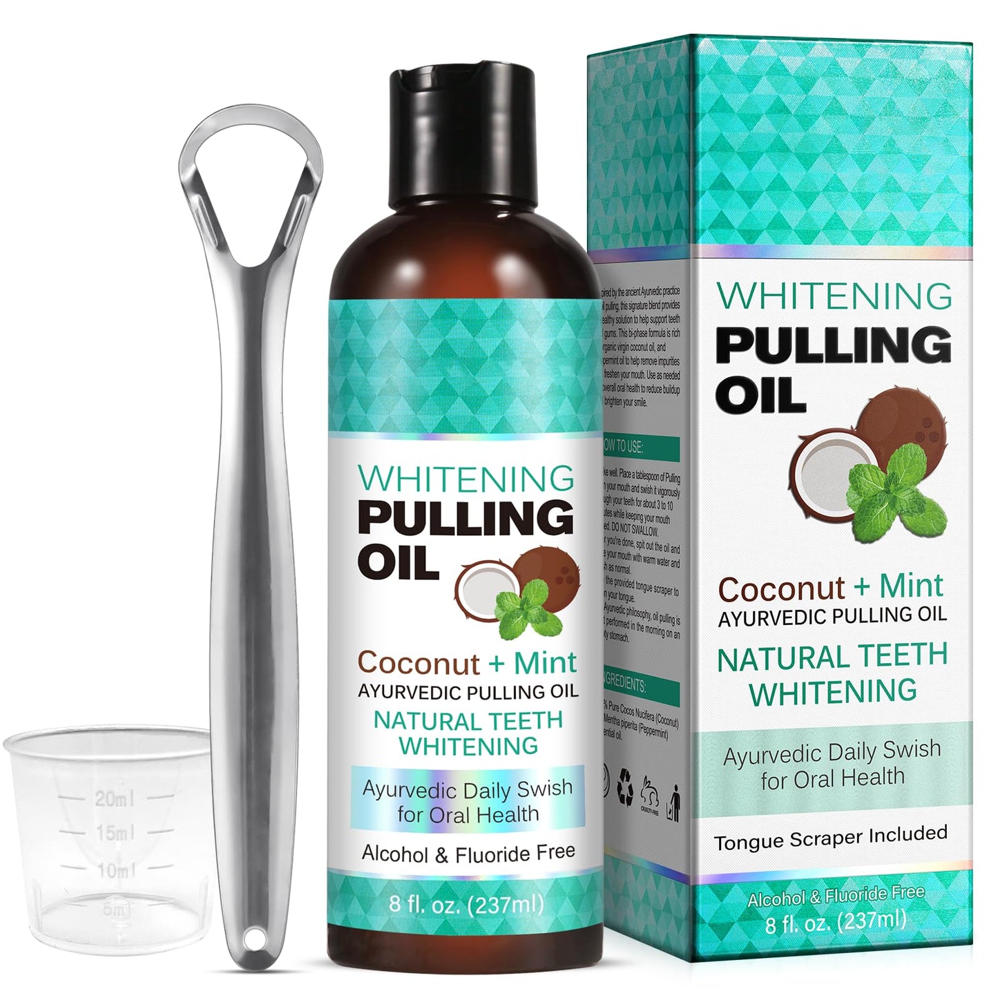 Coconut Mint Pulling Oil Mouthwash, Natural Teeth Whitening, Ayurvedic Daily Swish for Oral Health, Tongue Scraper Included, Alcohol & Fluoride Free, Healthy Gums, Good Breath, 237ml