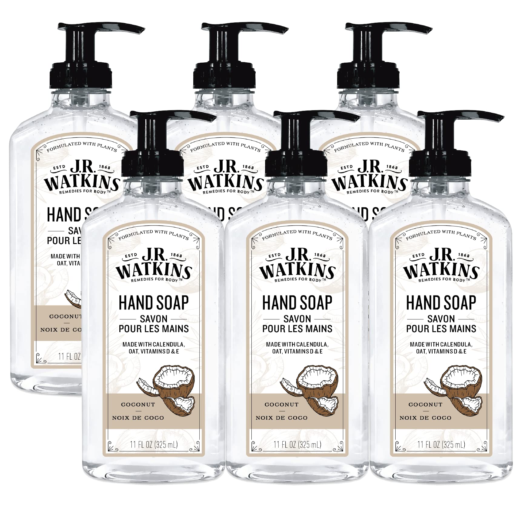 J.R. Watkins Gel Hand Soap, Scented Liquid Hand Wash for Bathroom or Kitchen, USA Made and Cruelty Free, 11 fl oz, Coconut, 6 Pack