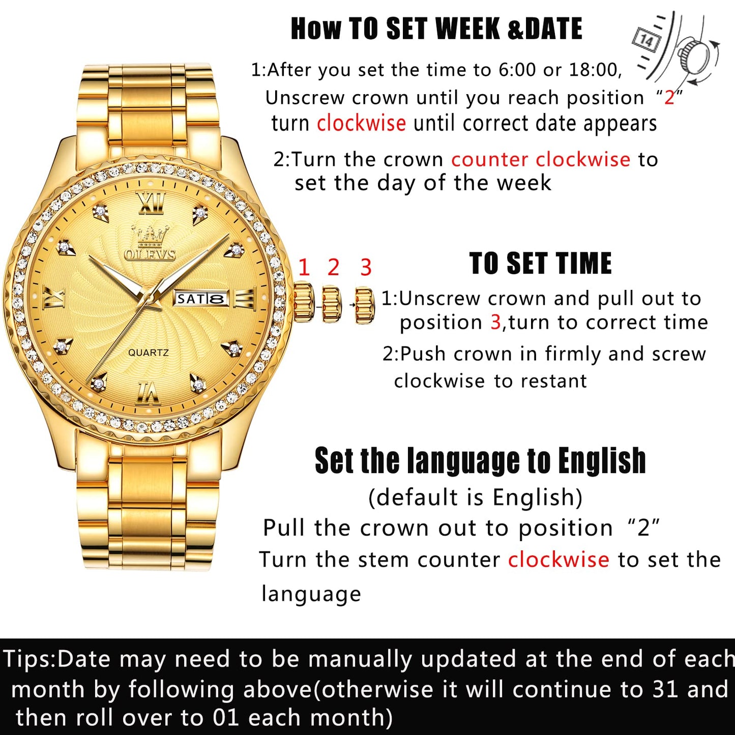 OLEVS Gold Mens Watch with Day Date Luxury Stainless Steel Men Watches Big Face Watches for Men Diamond Waterproof Dress Quartz Analog Round Men's Wrist Watches Gifts for Him Reloj De Hombre Luminous