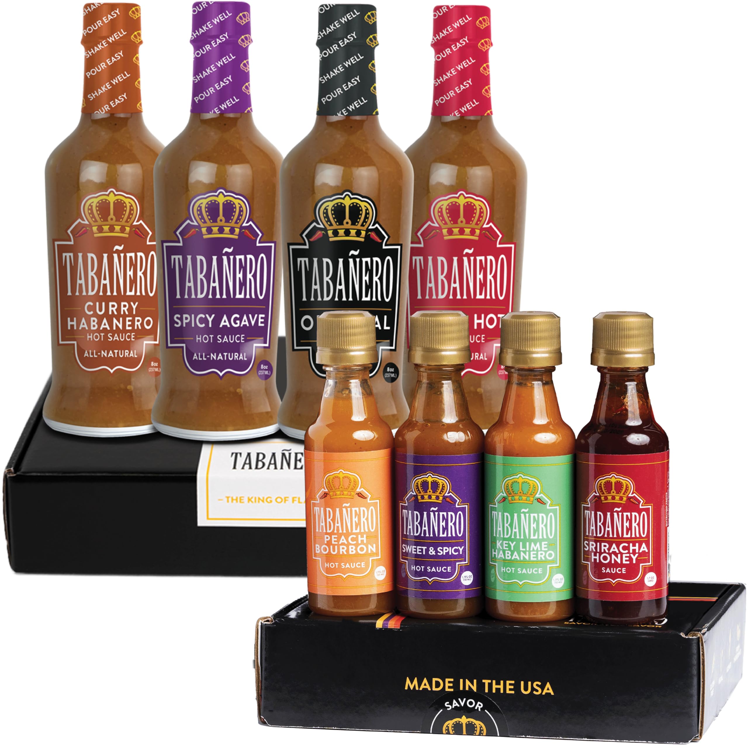 Hot Sauce Gift Sets Bundle by Tabañero, Original, Peach Bourbon, Sweet & Spicy, Sriracha Honey, Key Lime Habanero, All Natural, Gluten Free, Kosher, Made in the USA, 1.7oz and 8oz. Bottles