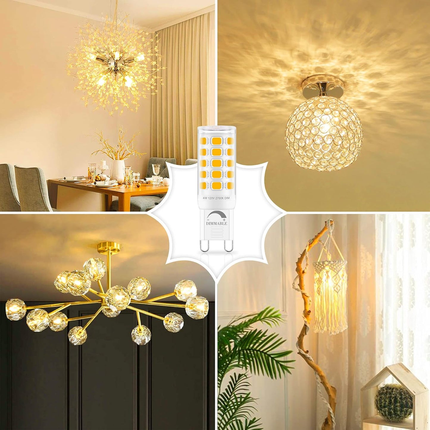 Sailstar G9 LED Bulb Dimmable 2700K Soft Warm White 6 Pack, T4 G9 4W Replacement for 40 Watts Halogen, Ceramic Bi Pin Base, 120V 400 Lumen 360°Beam Angle, G9 Light Bulbs for Chandelier