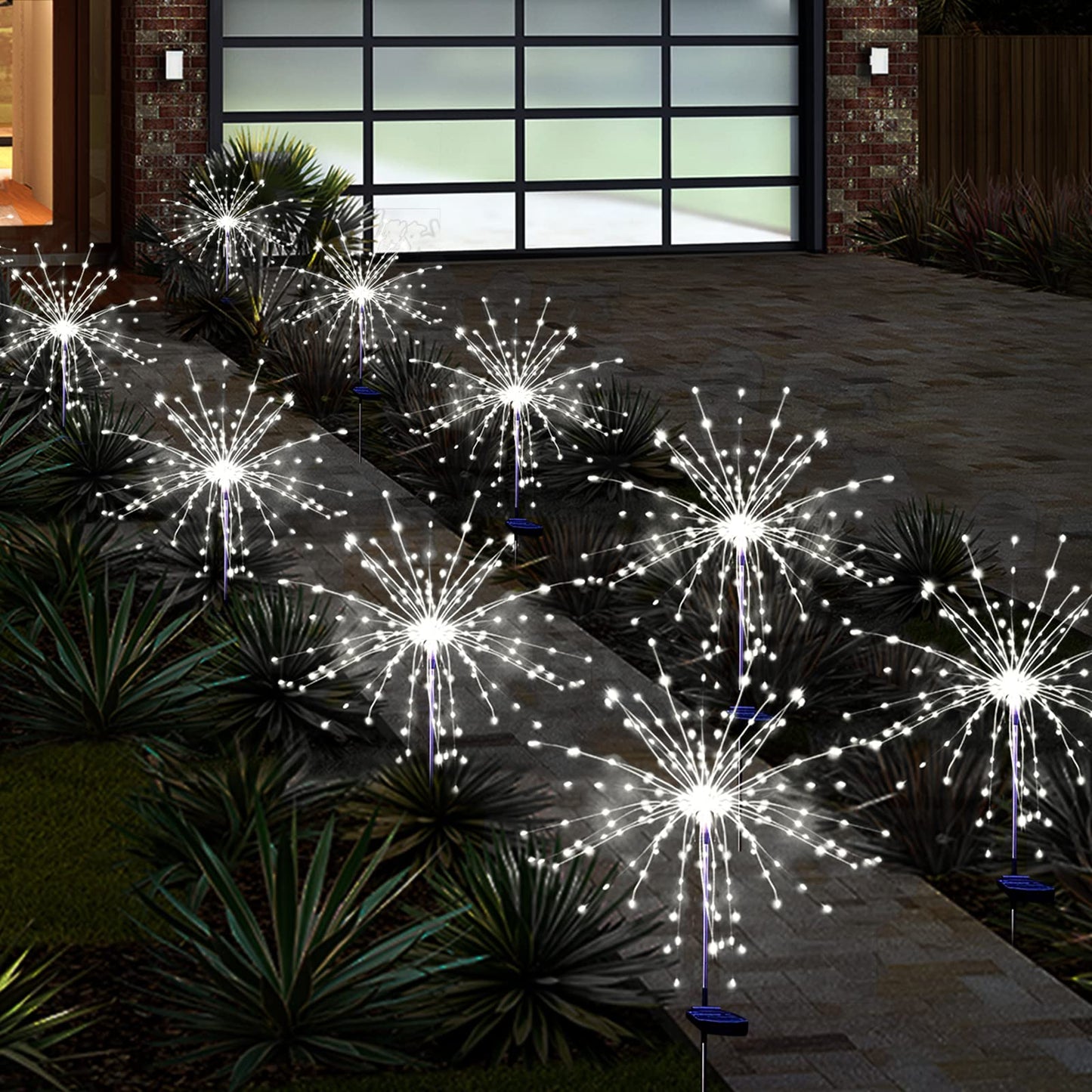 Solar Garden Firework Lights Outdoor Waterproof, 2 Pack Solar Powered Art Stake Twinkle Lighting for Outside Decor, 120 LED Sparklers String Lights for Yard Pathway Decorations(White)