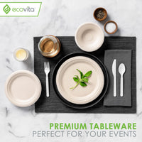 Ecovita 100% Compostable Knives - 140 Large Disposable Utensils (7 in.) Eco Friendly Durable and Heat Resistant Alternative to Plastic Knives with Convenient Tray