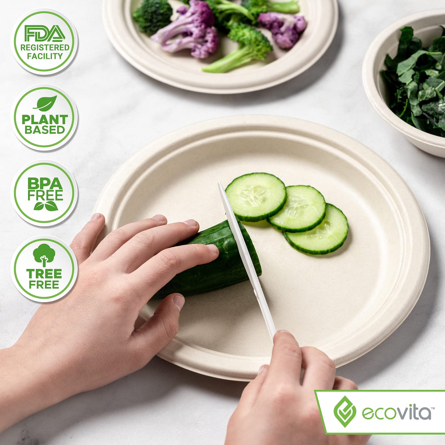 Ecovita 100% Compostable Knives - 140 Large Disposable Utensils (7 in.) Eco Friendly Durable and Heat Resistant Alternative to Plastic Knives with Convenient Tray