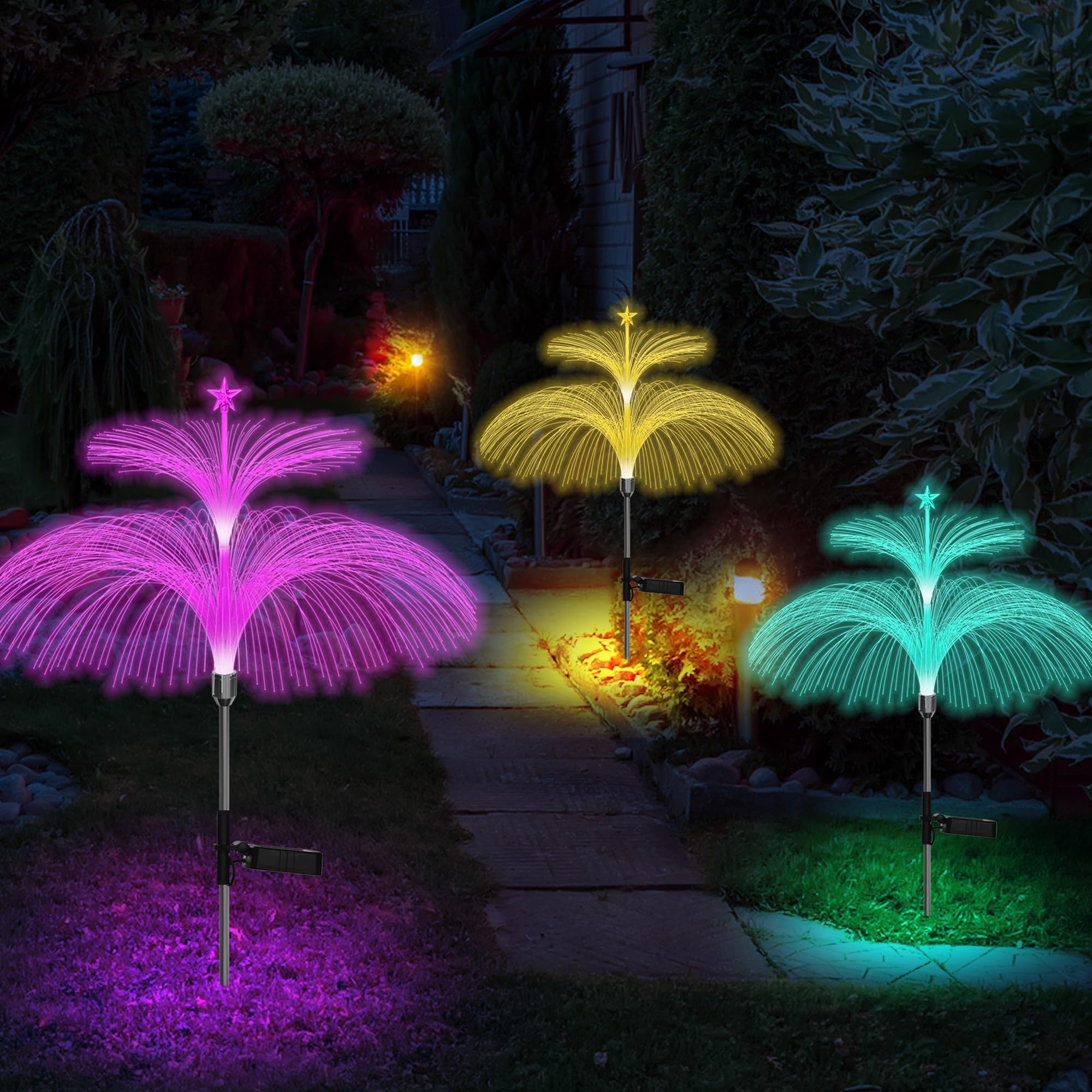 Solar Fiber Optic Double Layer Jellyfish Lights, Star Firework Meteor Shower Ambient Lights, Waterproof Path Lights, 7 Color Changes, Sway with The Wind, for Yard Pathway Landscape Decor (2 Pack)