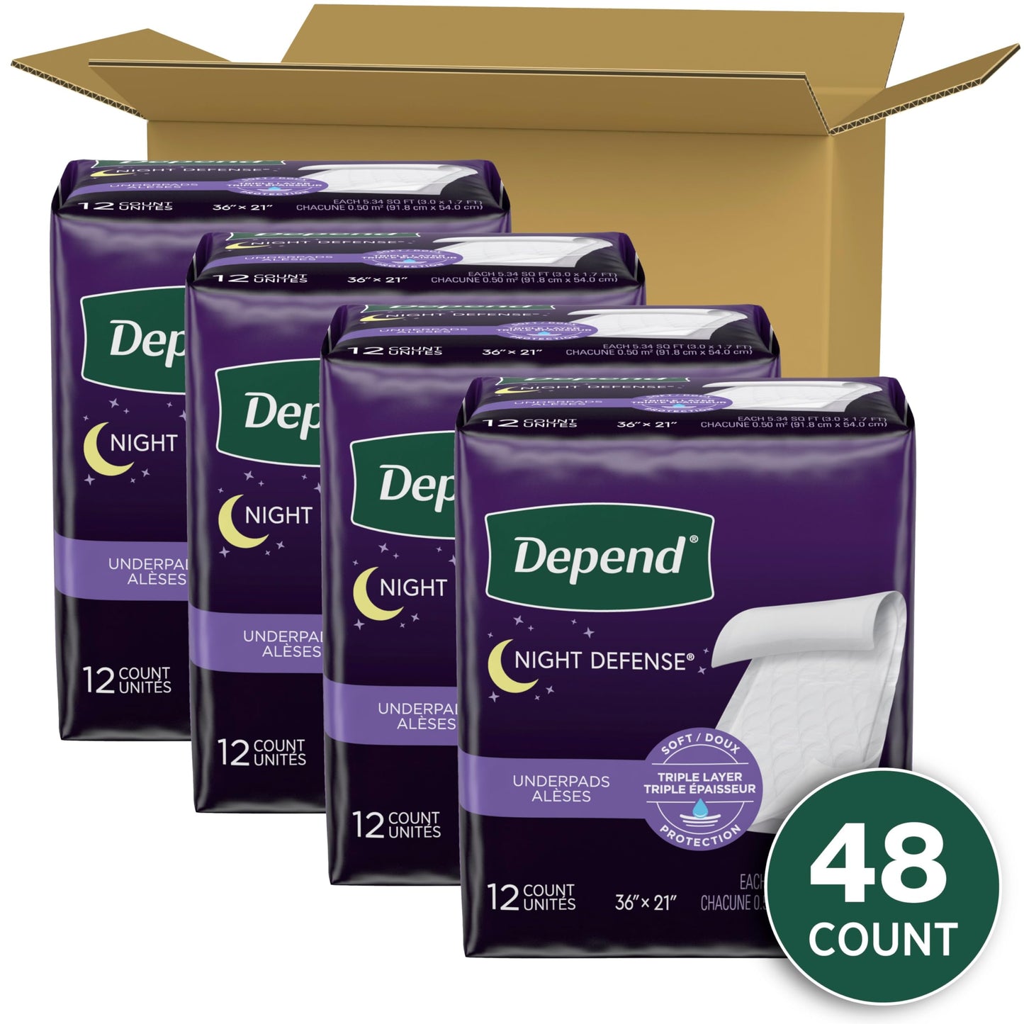 Depend Underpads - Disposable Incontinence Bed Pads, Triple Layer Absorbency for Adults, Kids, and Pets, Slip Resistant, 36"x 21", 48 Count (4 Packs of 12) (Packaging May Vary)