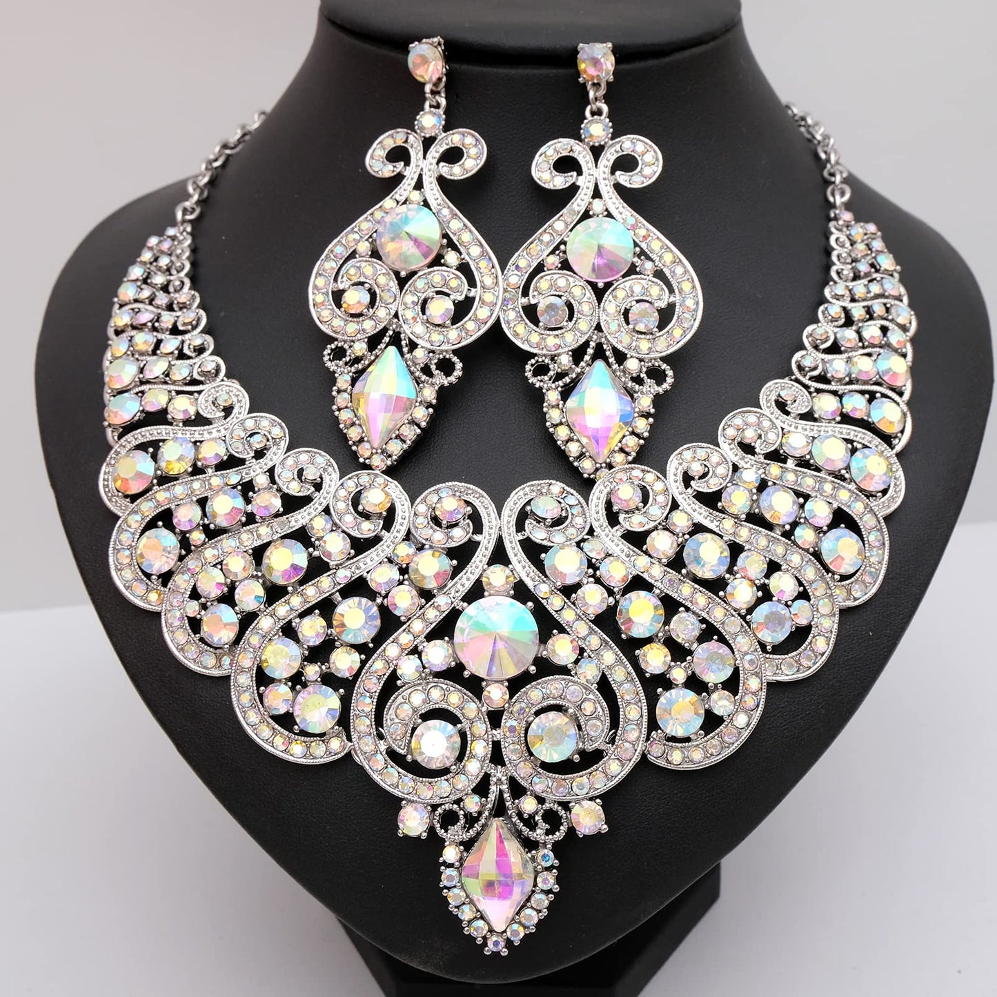 CSY Luxury Big Statement Bib Necklace Earrings Sets Wedding Party Prom Dress Costume Jewelry Set Accessories for Brides Women (AB Crystal)