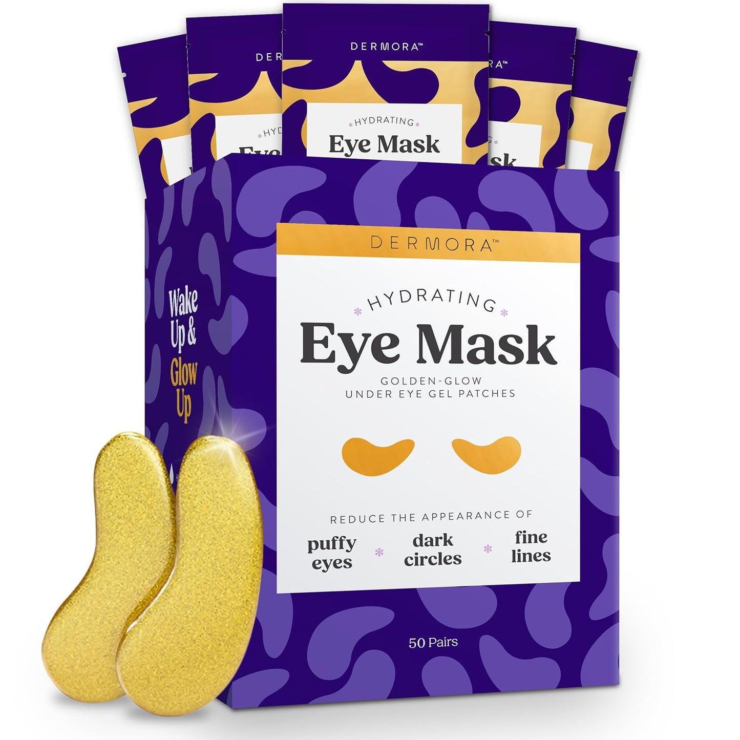 DERMORA Golden Glow Under Eye Patches (50 Pairs Eye Gels) - Rejuvenating Treatment for Dark Circles, Puffy Eyes, Refreshing, Revitalizing, Travel, Wrinkles. NEW PACKAGING