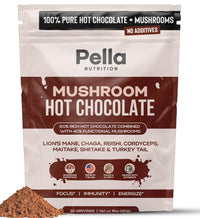 Pella Organic Mushroom Hot Chocolate Blend (30 Servings) with 7 Superfood Mushrooms - Lion's Mane, Reishi, Chaga, Cordyceps, Shiitake, Maitake, and Turkey Tail - Delicious Fairtrade Instant Hot Cocoa Mix