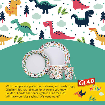 Glad for Kids Dinosaur-Themed Heavy Duty Disposable Paper Plates - Soak Proof, Microwavable, 8.5" Round Plates, Perfect for Birthday Parties and Dinosaurs Lovers - Pack of 20 Party Plates