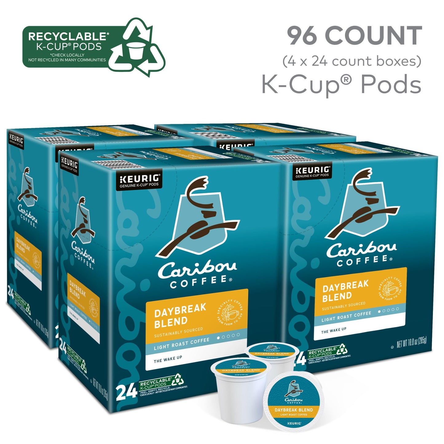 Caribou Coffee Daybreak Morning Blend, Keurig Single-Serve K-Cup Pods, Light Roast, 96 Count (4 Packs of 24)