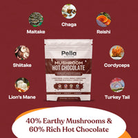 Pella Organic Mushroom Hot Chocolate Blend (30 Servings) with 7 Superfood Mushrooms - Lion's Mane, Reishi, Chaga, Cordyceps, Shiitake, Maitake, and Turkey Tail - Delicious Fairtrade Instant Hot Cocoa Mix