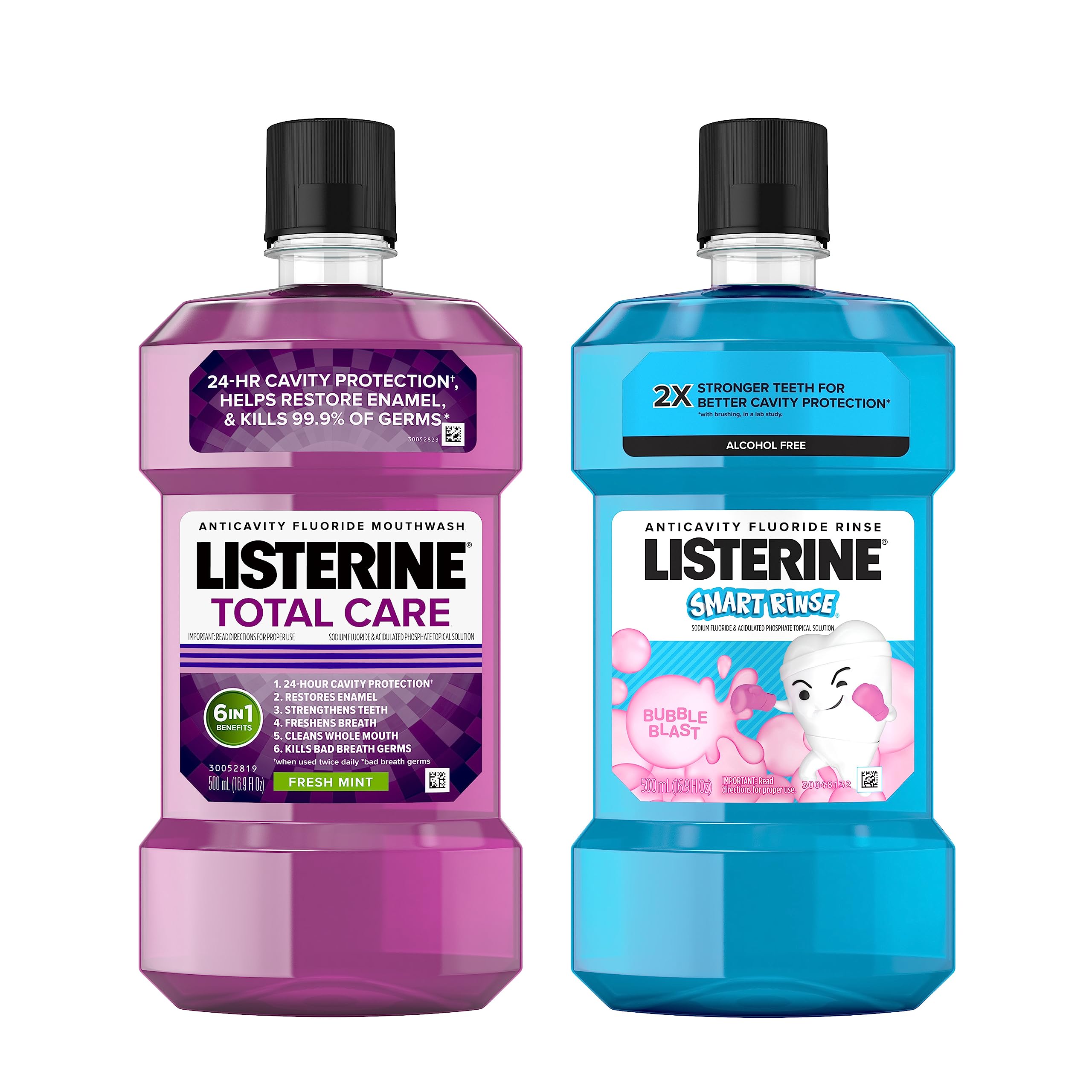Listerine Total Care Fresh Mint Anticavity Fluoride Mouthwash for Adults and Smart Rinse Alcohol-Free Anticavity Sodium Fluoride Bubble Gum Mouthwash for Kids, Convenience Pack, 2 x 500 mL