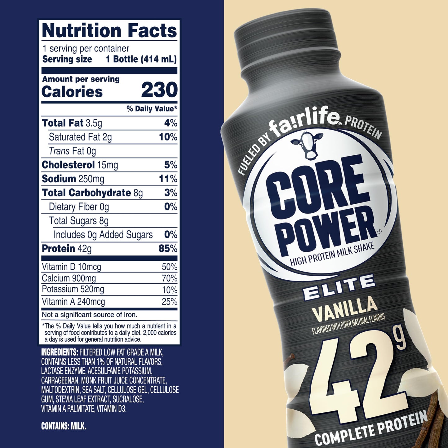 Core Power Fairlife Elite 42g High Protein Milk Shake Bottle, Ready To Drink for Workout Recovery, kosher, Liquid, Vanilla, 14 Fl Oz (Pack of 12)