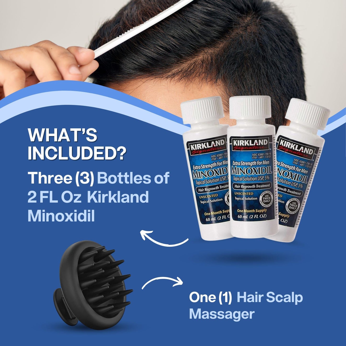 Hair Loss Treatments for Men Bundle. Kirkland Minoxidil 5% Hair Regrowth Topical Solution Plus A Silicone Hair Scalp Massager for Hair Growth & Dandruff Removal. Ultimate Hair Recovery Kit by NSPARK.