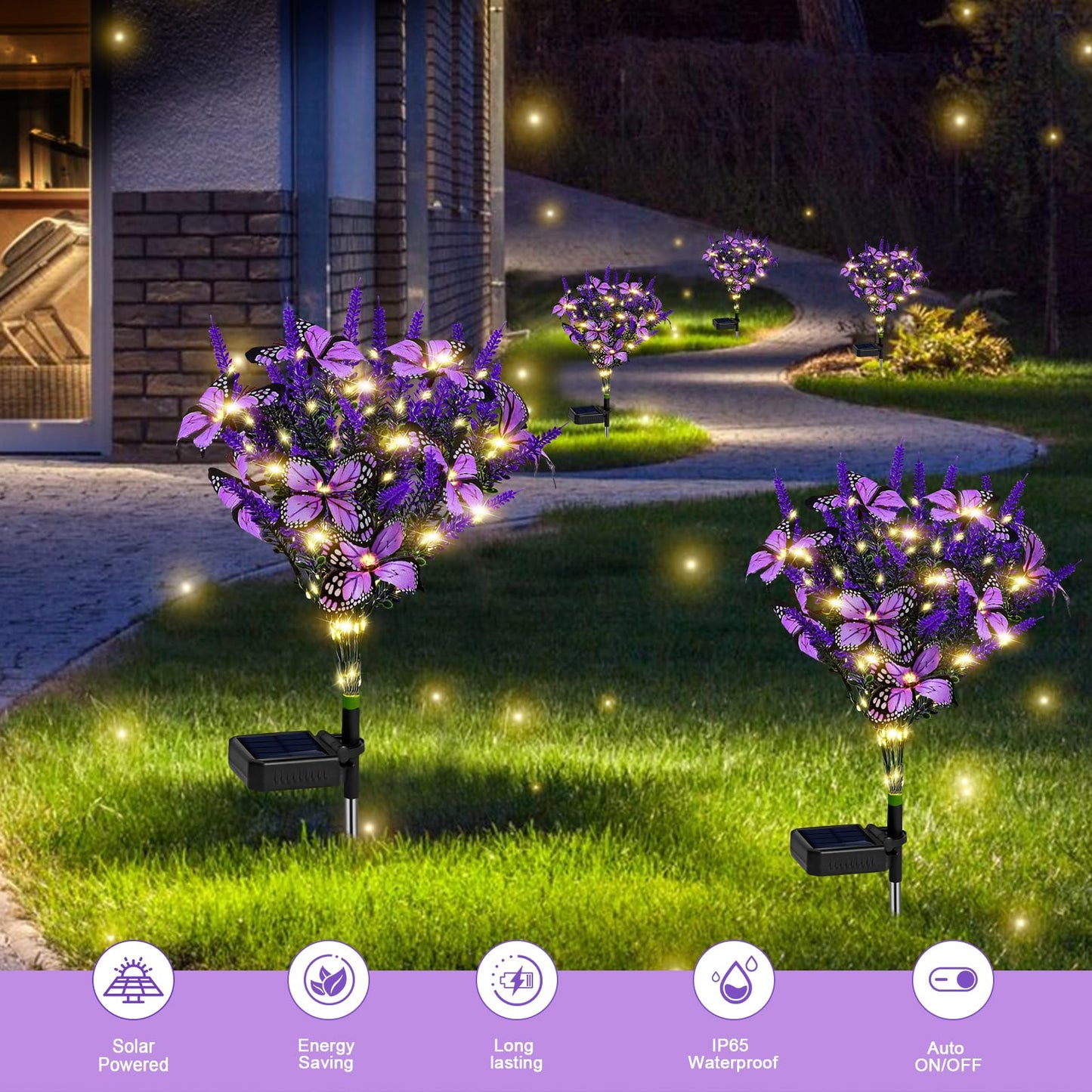 Solar Garden Lights, Solar Purple Lavender Butterfly Lights, Solar Artificial Flower Lights Outdoor Waterproof Decoration, Gardening Gifts for Women, Yard Patio Pathway Lawn Courtyard Decoration