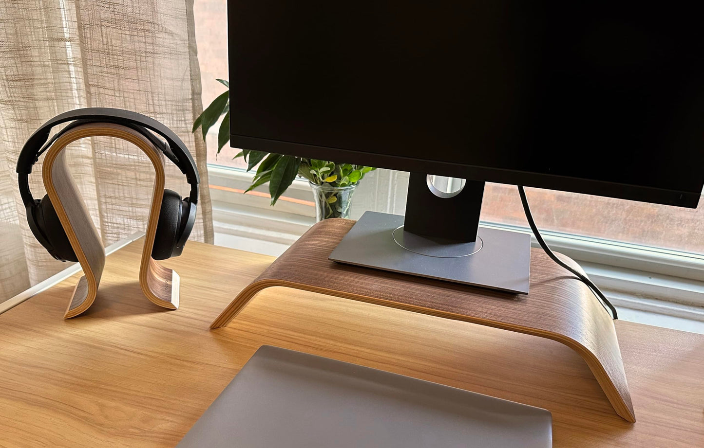 Generic Focalpoint Essentials Curved Wooden Monitor Stand | Monitor Riser | Laptop Stand | Laptop Riser | Stand for Desk Organization (Walnut)