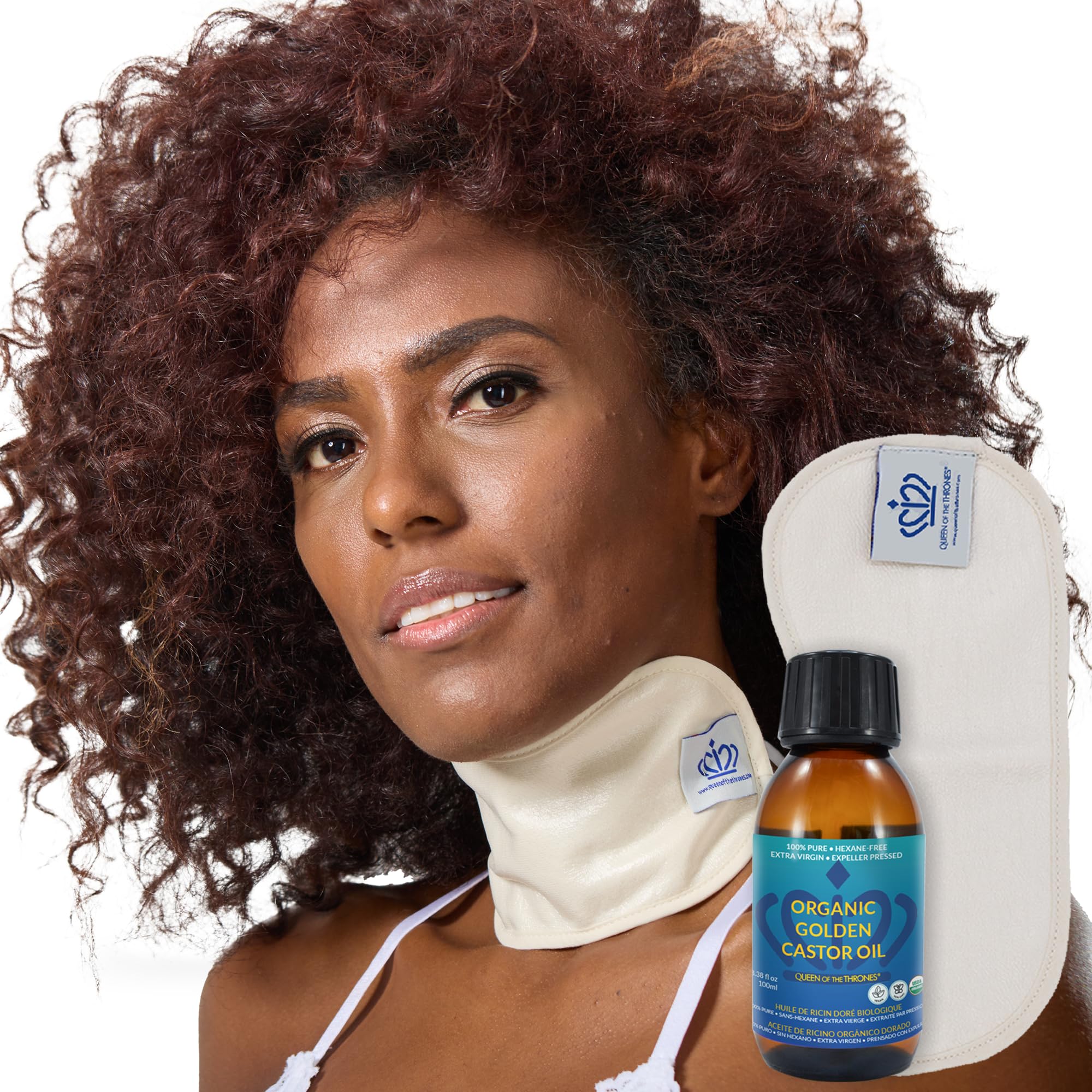 QUEEN OF THE THRONES Neck Castor Oil Pack Kit - Heatless, Less-Mess, Reusable - Organic Cotton Flannel, Comfort Fit, Soft Straps & Naturopathic Doctor Designed (3.38oz Organic Castor Oil Included)