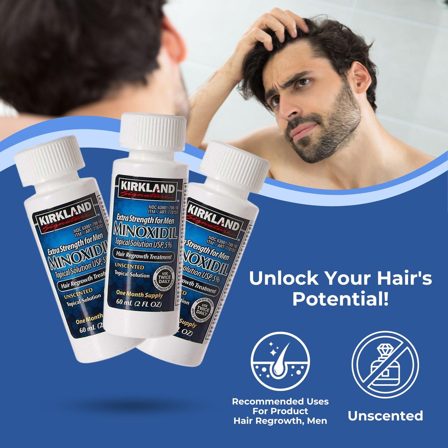 Hair Loss Treatments for Men Bundle. Kirkland Minoxidil 5% Hair Regrowth Topical Solution Plus A Silicone Hair Scalp Massager for Hair Growth & Dandruff Removal. Ultimate Hair Recovery Kit by NSPARK.