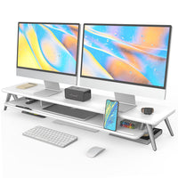 Fenge Dual Monitor Stand, Monitor Stands Riser for 2 monitors, 42.5 Inch Wood Desk Shelf with Storage Organizer and Cable Management for Office Desk Accessories