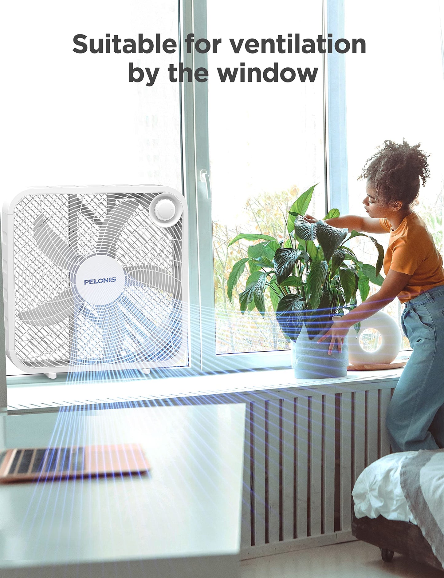 PELONIS 3-Speed Box Fan for Full-Force Circulation with Air Conditioner, White