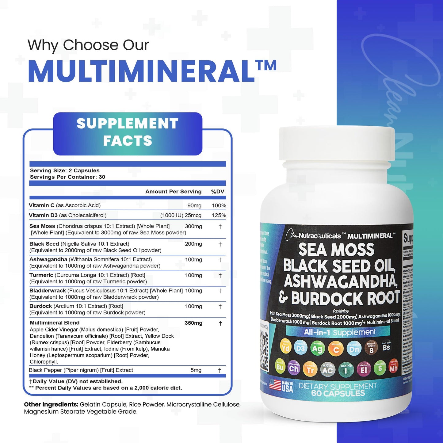 Clean Nutra Sea Moss, Black Seed Oil, Ashwagandha & Burdock Root