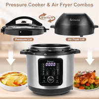 Pressure Cooker Air Fryer Combo: 6 Quart 8 in 1 Electric Pressure Cooker with Air Fryer Lid, Multi Cooker with Slow Cooker, Rice Cooker, Steamer, etc, Include Stainless Steel Fry Basket, Roast Rack