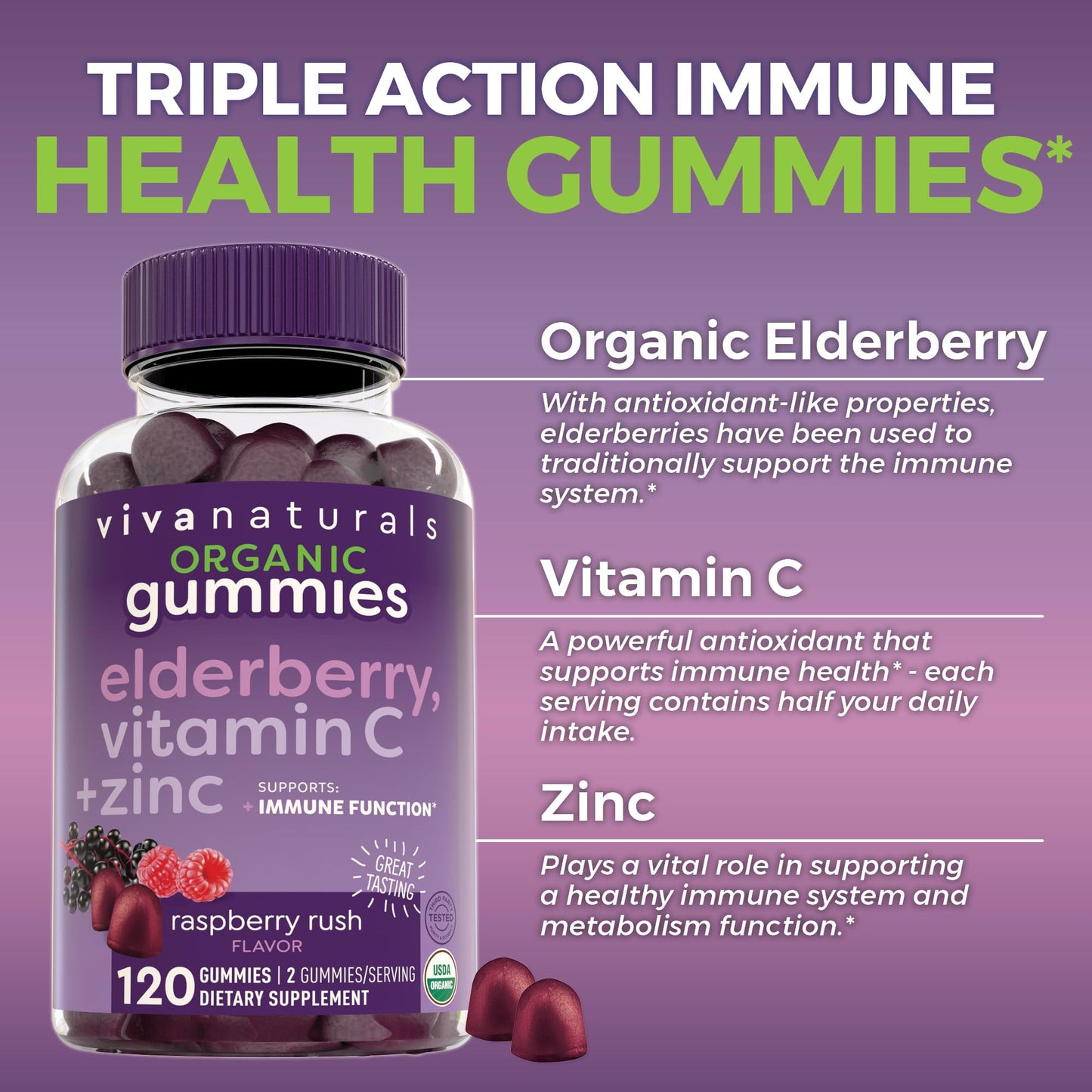 Organic Sambucus Elderberry Gummies with Zinc and Vitamin C (120 Count) - 3 in 1 Black Elderberry Gummies for Adults Immune Support, Chewable Elderberry Supplements, Immunity Gummies