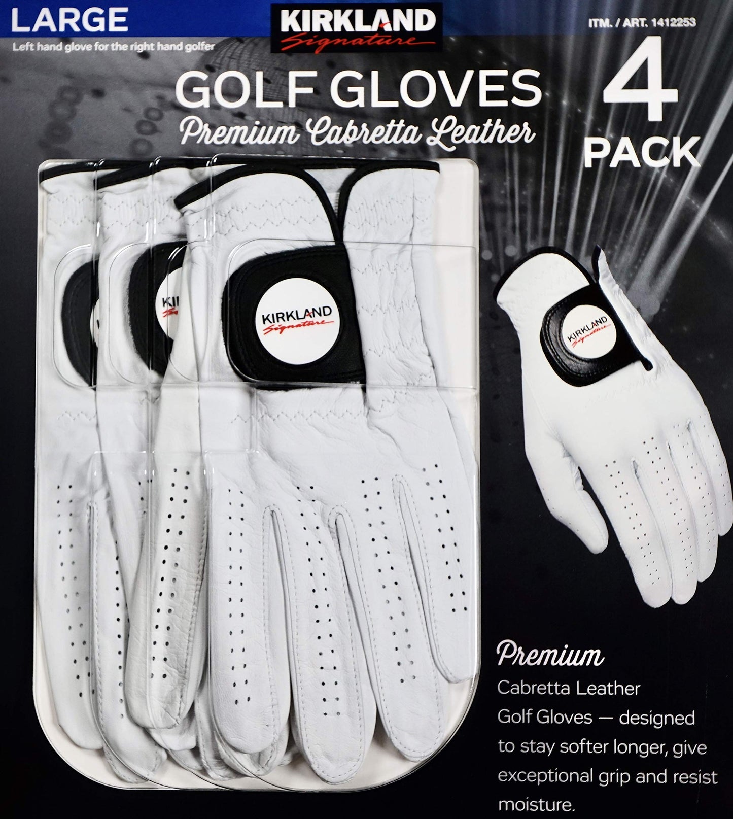 Kirkland Signature Golf Gloves Premium Cabretta Leather, Large (4 Count)