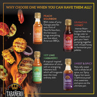 Hot Sauce Gift Sets Bundle by Tabañero, Original, Peach Bourbon, Sweet & Spicy, Sriracha Honey, Key Lime Habanero, All Natural, Gluten Free, Kosher, Made in the USA, 1.7oz and 8oz. Bottles