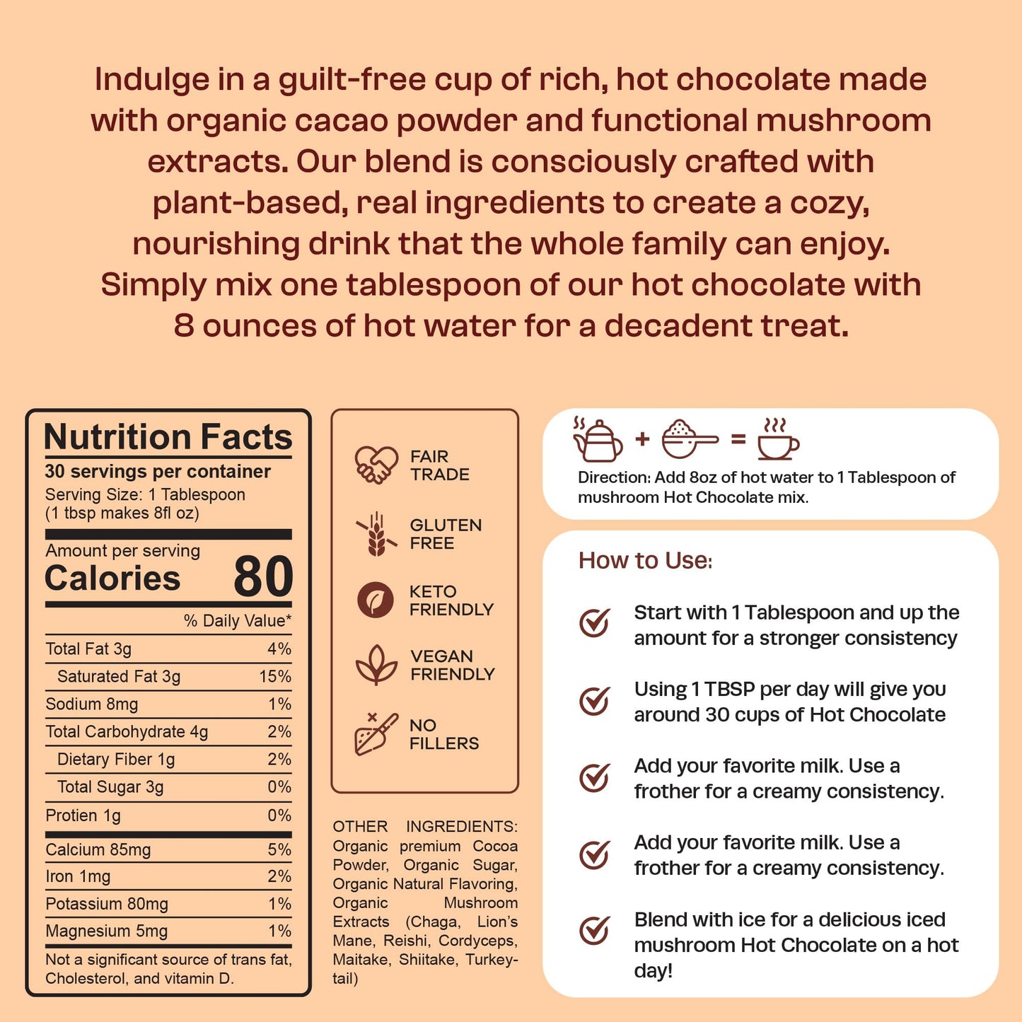 Pella Organic Mushroom Hot Chocolate Blend (30 Servings) with 7 Superfood Mushrooms - Lion's Mane, Reishi, Chaga, Cordyceps, Shiitake, Maitake, and Turkey Tail - Delicious Fairtrade Instant Hot Cocoa Mix