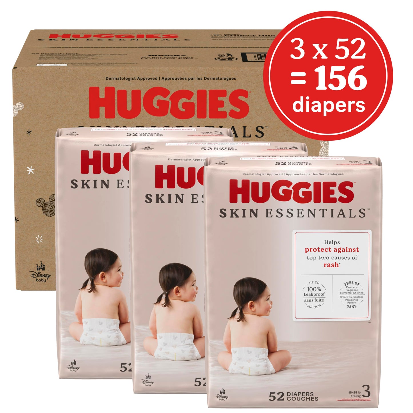 Huggies Size 3 Diapers, Skin Essentials Baby Diapers, Size 3 (16-28 lbs), 156 Count (3 Packs of 52)