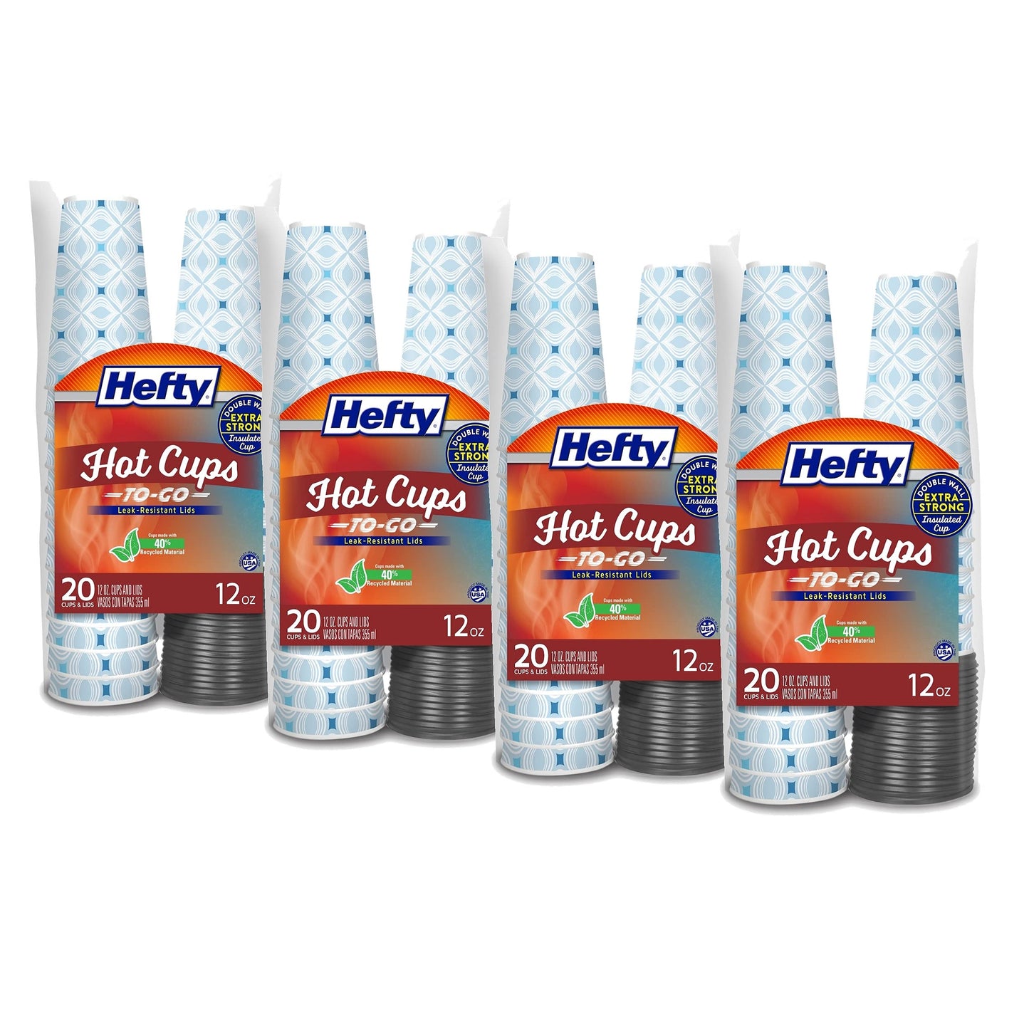 Hefty Disposable Hot Cups with Lids, 12 Ounce, 20 Count (Pack of 4), 80 Total