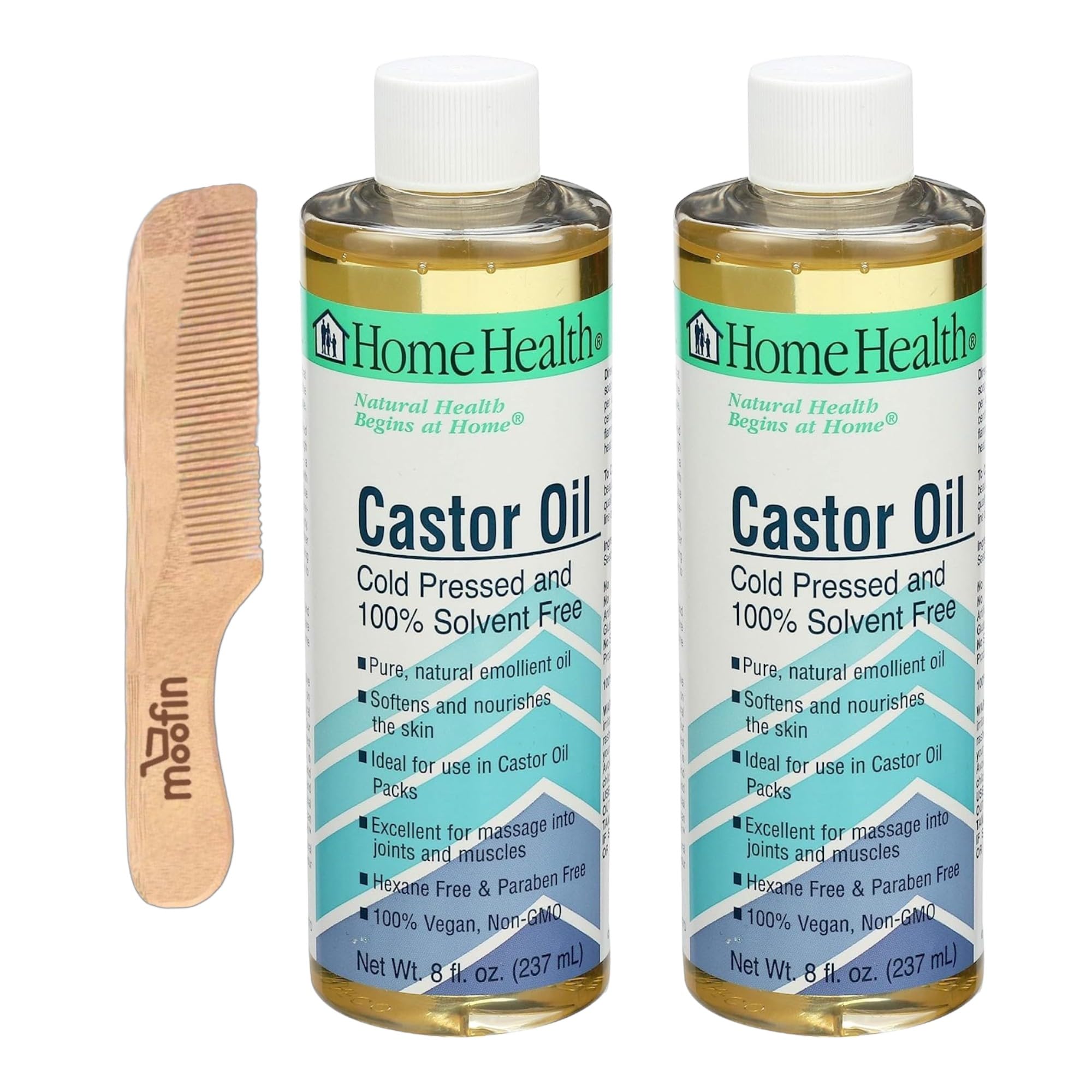 moofin Home Health Castor Oil Cold Pressed, 8 Fl Oz Wooden Comb - Castor Oil Hexane Free, Pure Castor Oil for Hair Growth and Skin, Natural, Paraben-Free, Ideal for All Hair Types (Pack of 2)
