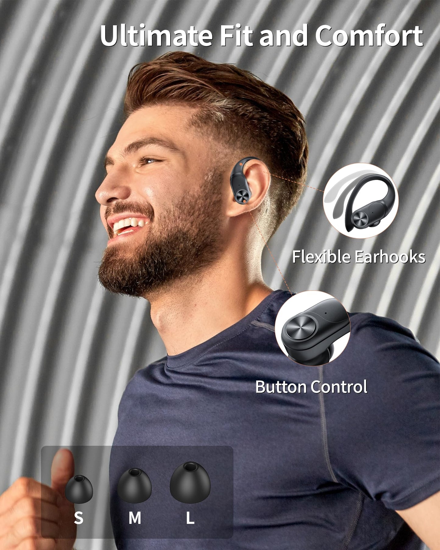 Bluetooth Headphones Wireless Earbuds 80hrs Playtime Wireless Charging Case Digital Display Sports Ear buds with Earhook Premium Deep Bass IPX7 Waterproof Over-Ear Earphones for TV Phone Laptop Black