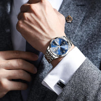 OLEVS Silver Watch Men Blue Face Stainless Steel Big Face Silver Wrist Watches for Men Waterproof Analog Classic Men's Watch with Day Date Mens Dress Watches Fashion Reloj De Hombre Easy to Read
