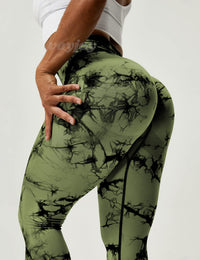 VOYJOY Tie Dye Seamless Leggings for Women High Waist Yoga Pants, Scrunch Butt Lifting Elastic Tights Army Green