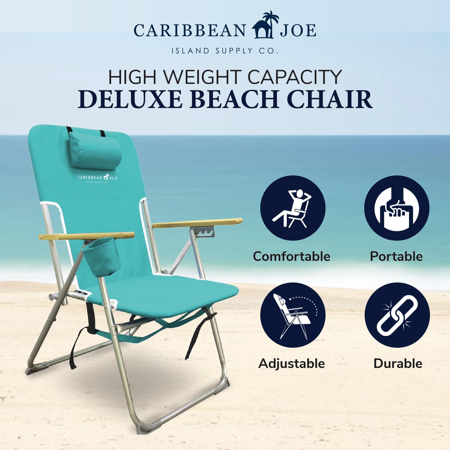 Caribbean Joe Folding Beach Chair, 4 Position Portable Backpack Foldable Camping Chair with Headrest, Cup Holder, and Wooden Armrests, Teal