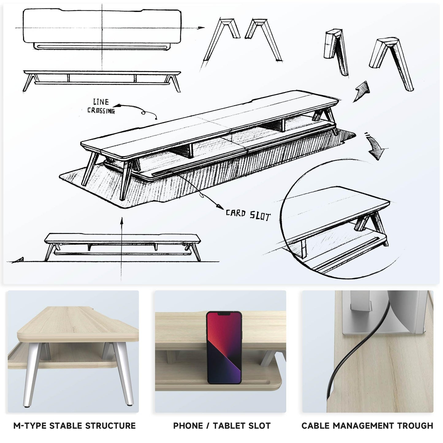 Fenge Dual Monitor Stand, Monitor Stands Riser for 2 Monitors, 42.5 Inch Wood Desk Shelf with Storage Organizer and Cable Management for Office Desk Accessories