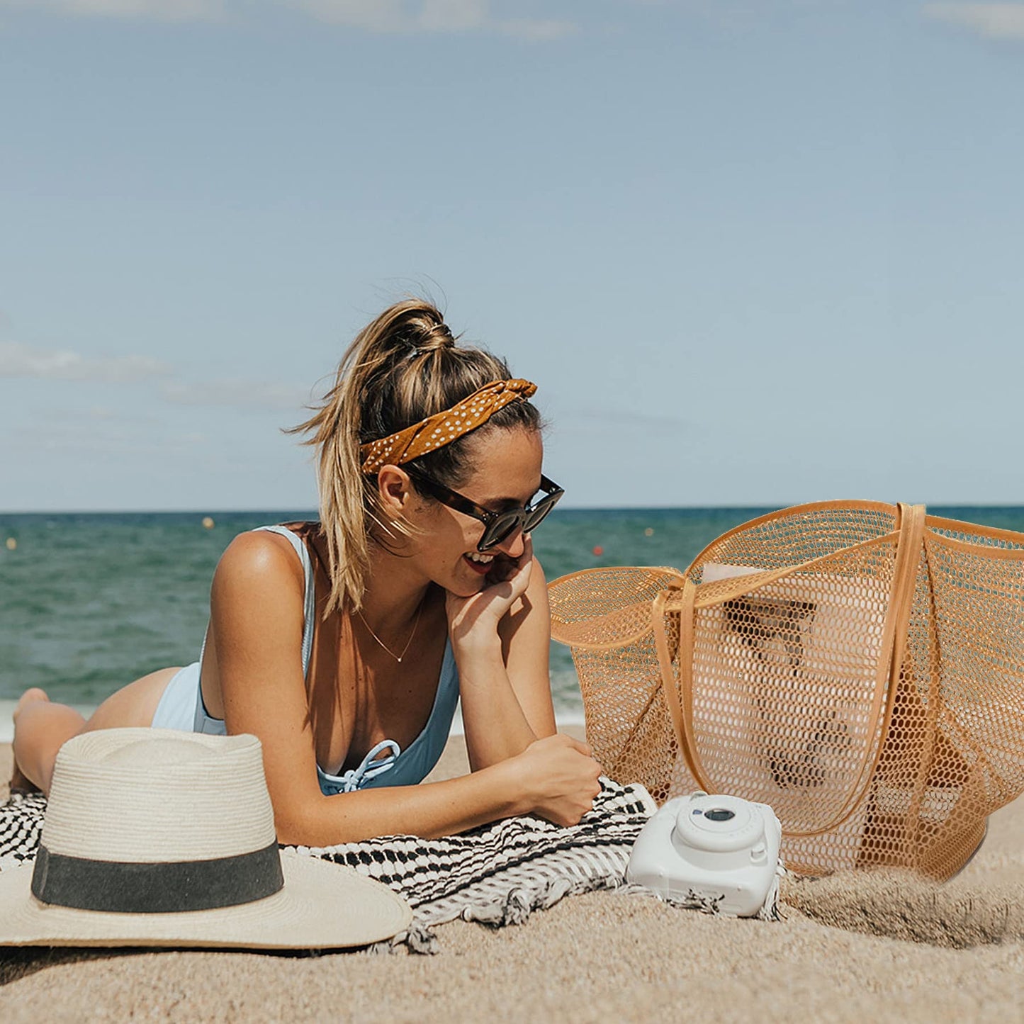 KALIDI Beach Mesh Tote Bag, Casual Tote Grocery Bag Hobo Women Foldable MAX 23L Shoulder Bag For Beach Picnic Vacation