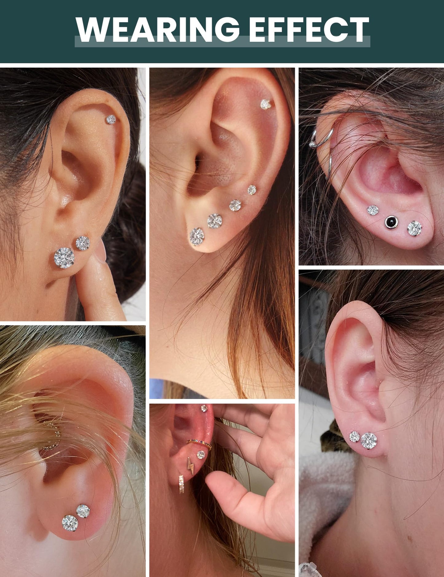 5 Pairs Stud Earrings Set, Hypoallergenic Cubic Zirconia 316L Earrings Stainless Steel CZ Earrings 3-8mm (Steel color)