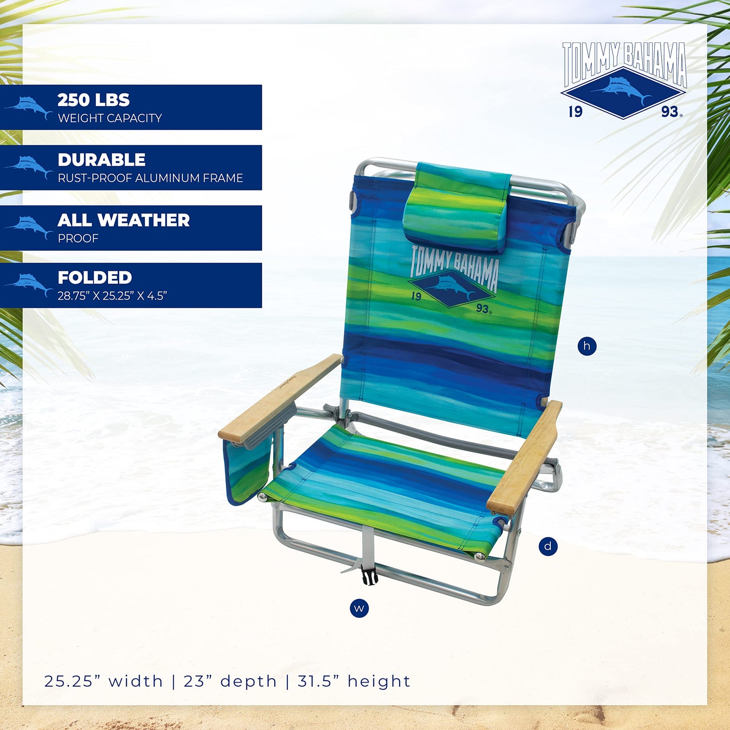 Tommy Bahama 5-Position Classic Lay Flat Folding Backpack Beach Chair, Blue and Green Stripe , 23" x 25.25" x 31.5"